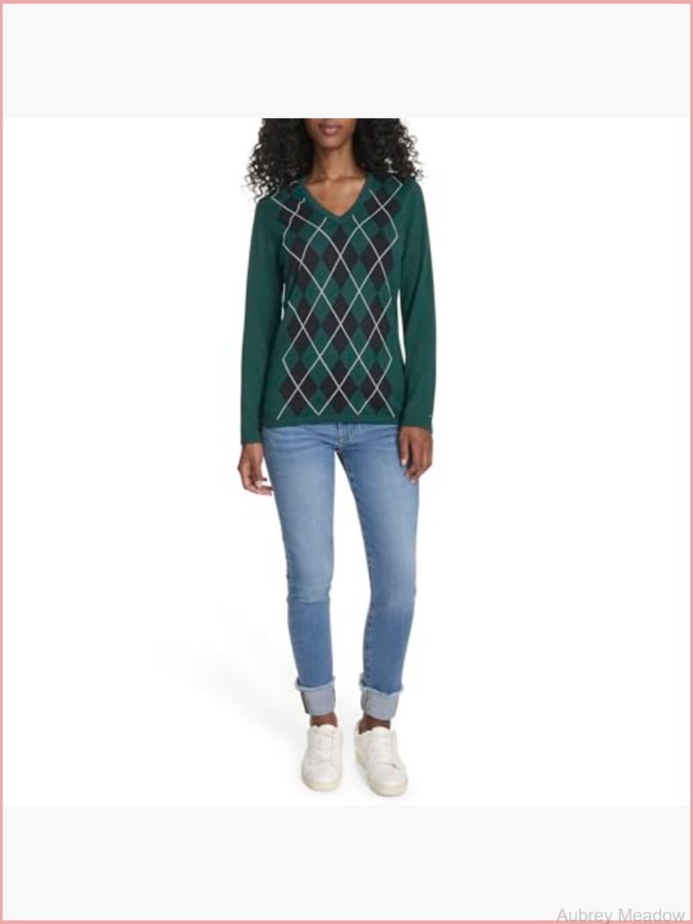 Long Sleeve Cotton Argyle V-Neck Pullover Sweater - Picture 2 of 5